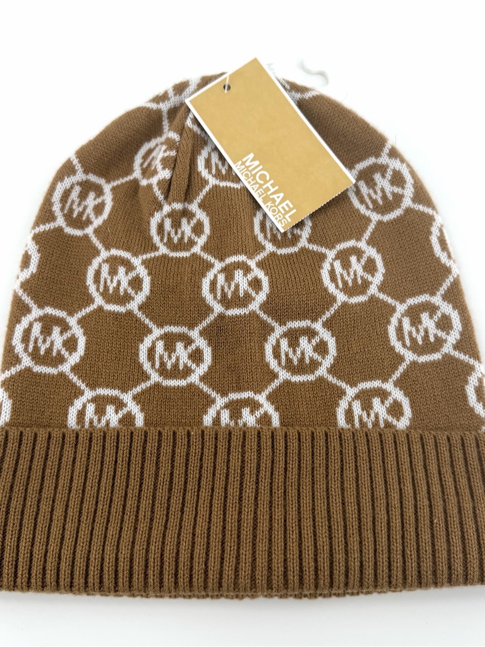 Michael Kors Logo Beanie Women's Hat Cap Brown White OS Lightweight